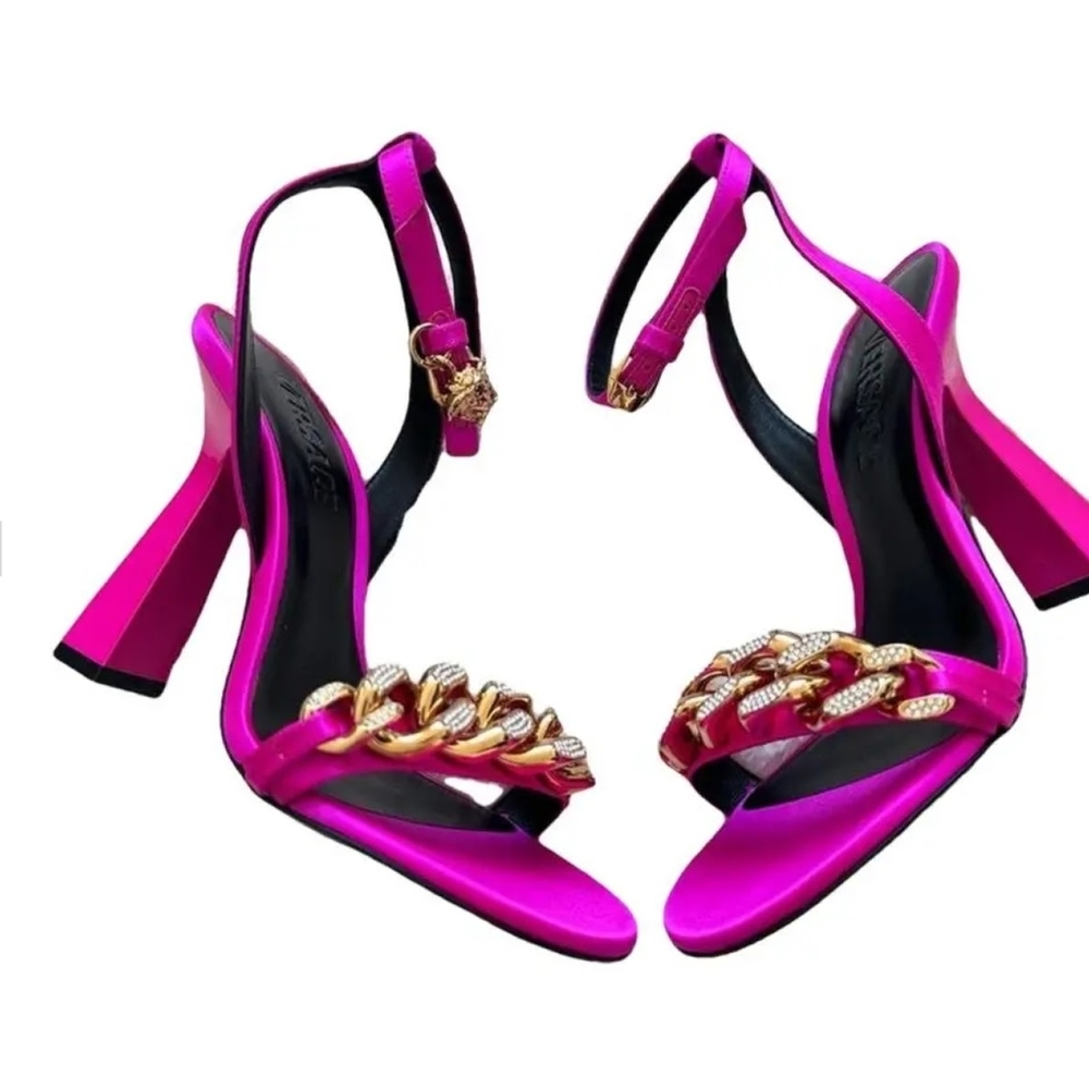 Versace Satin Medusa Pink Heels with Gold & Crystal Chain Detail - Size 40